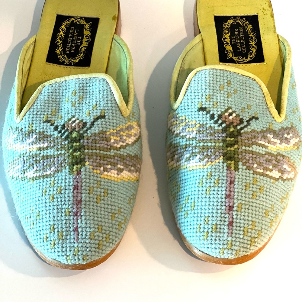 Larkspur Collection embroidered mules - dragonfly pattern